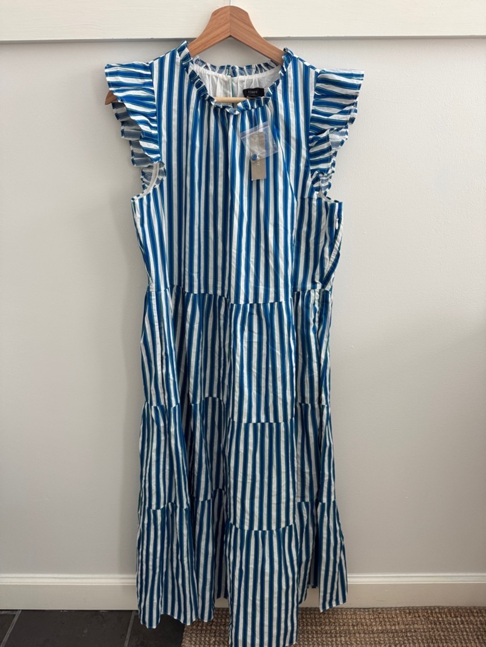 J. Crew Striped Tiered Dress Blue White Ruffle Sleeve Midi Poplin NWT Size M